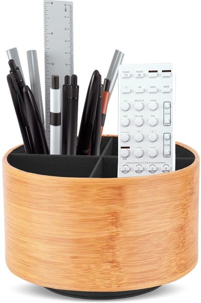SnelShoppen - Round Pen Holder Beige - Leer, 360° Draaiend, Multifunctionele Organizer voor Pennen, Remote Control Houder, Bureau Organizer, Desk Stor