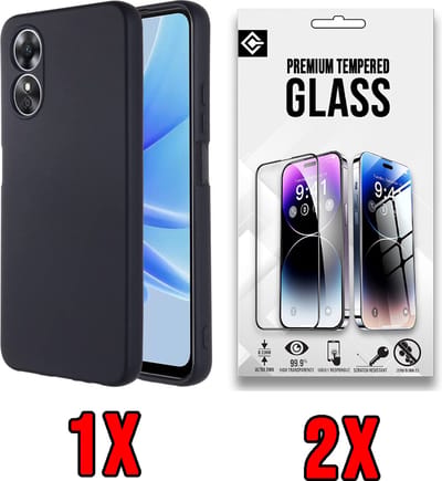 Casemania Hoesje Geschikt voor Oppo A58 4G Zwart & 2X Glazen Screenprotector - Siliconen Back Cover