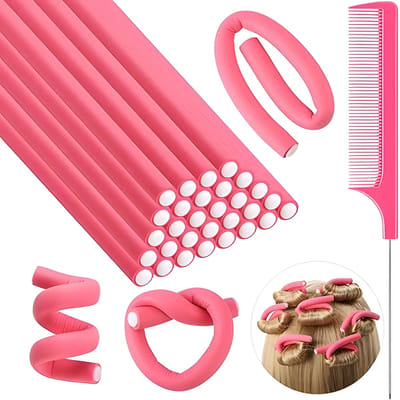 30 stuks flexibele krultang - Krulspelden - met 1 stalen rattenstaart-kam - Heatless Curls - Haarkruller - flexibele magische schuimrollers - flexibele krultangbenodigdheden - voor dames en meisjes, lang en kort haar (24 x 0,8cm, roze)