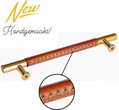LUXE Leer Handgreep Goud Bruin 192mm -Handgemaakt Leer Handgreep Goud - Leer Deurgreep Goud voor kasten - Kastgreep Goud - Leer Handgreep Goud - Meubelgreep Goud - Leer Meubelknoppen Goud - Meubelbeslag Goud - Leer Deurgreep Goud