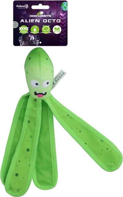 Dog Comets Alien Octo - 28 cm - Hondenspeelgoed - Drijvend - Stevig Canvas - Voorzien van Pieper - Knisperende Tentakels - M - Groen