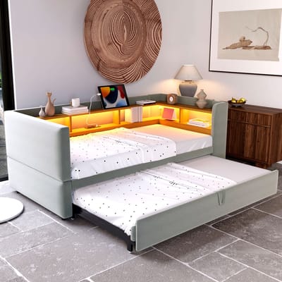 MODFU - Slaapbank 90/180x190 cm – Flanel met LED & stopcontacten – Lichtgrijs