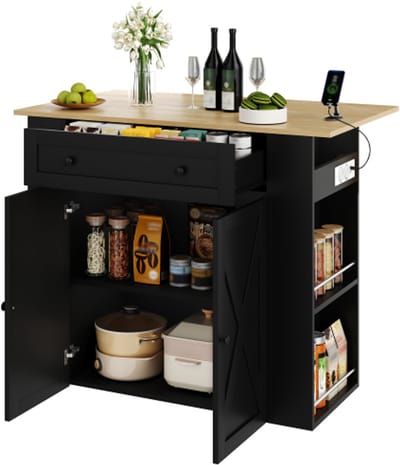 Keukeneiland Met Uitklapbaar Werkblad-Koffiebar Met Stopcontacten En USB-2 Deuren En 1 Lade-120 x 75 x 97 cm-Keuken En Woonkamer-Zwart