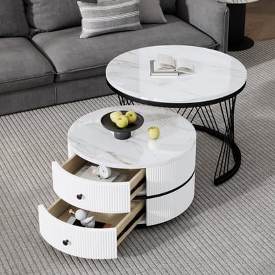DESMIU Salontafel Set – Glanzende Marmerlook Met 2 Lades – Voor Woonkamer En Interieur – Wit MDF – 60x60x46 Cm En 50x50x31 Cm