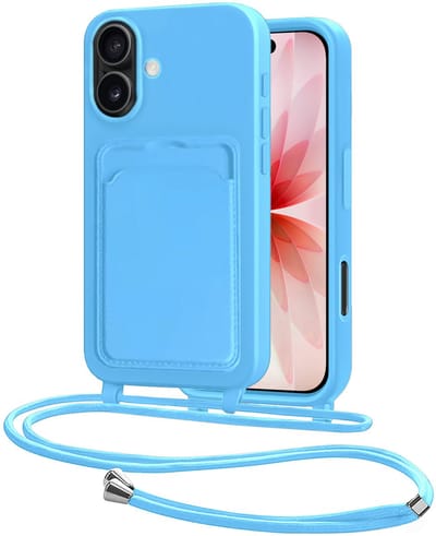Hoes Geschikt voor iPhone 17 Hoesje Pasjeshouder Cover Met Koord Case Siliconen Hoes Met Telefoonkoord en Kaarthouder - Lichtblauw