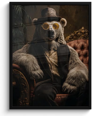 Poster in lijst - Fotolijst 50x70 cm - Posters - Ijsbeer - Hoed - Bril - Stoel - Posterlijst zwart - Decoratie - Wanddecoratie woonkamer - Muurdecoratie slaapkamer