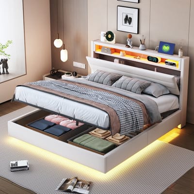 HAUSS SPOLE Gestoffeerd Bed 140x200cm - Hydraulisch Opbergbed - Kleurwisselende LED En USB - Linnen Bekleding - Beige - Zonder matras