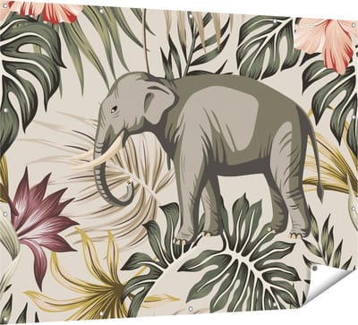 Gards Tuinposter Tropisch Getekende Olifant - Abstract - 160x120 cm - Tuindoek - Tuindecoratie - Wanddecoratie buiten - Tuinschilderij