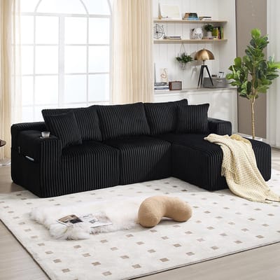 Pugsdrly Modulaire bankenset met chaise longue en 2-zitsbank, bekleding van zacht corduroy, met 5 kussens, zijvakken en bekerhouders, schuim met hoge dichtheid, DIY-combinatie, ideaal voor de woonkamer, het appartement en de studio.