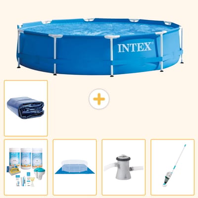 Intex Rond Frame Zwembad - 305 x 76 cm - Blauw - Inclusief Onderhoudspakket - Grondzeil - Zwembadfilterpomp - Stofzuiger - Solarzeil - 6-delig