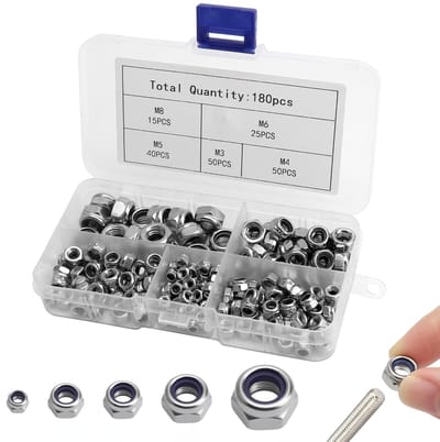 Dailygoods- Borgmoerenset 180-delig - Zeskantmoeren - Zelfborgende Moeren - Roestvrij Staal 304 - Antivibratievergrendeling - Handige Opbergruimte