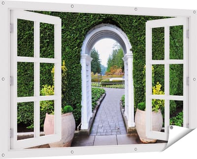 Gards Tuinposter Doorkijk Doorkijk met Potten - 150x100 cm - Tuindoek - Tuindecoratie - Wanddecoratie buiten - Tuinschilderij