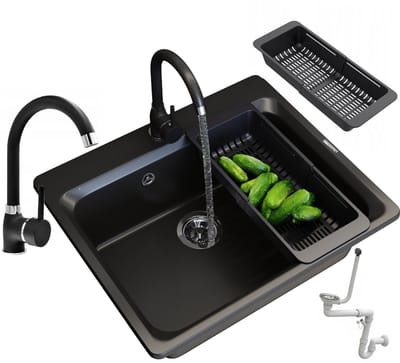 Granitan Spoelbakken Granieten Zante - Wasbak Keuken Met Sifon Afdruiprek en Kraan- 62x52x20cm - Zwart