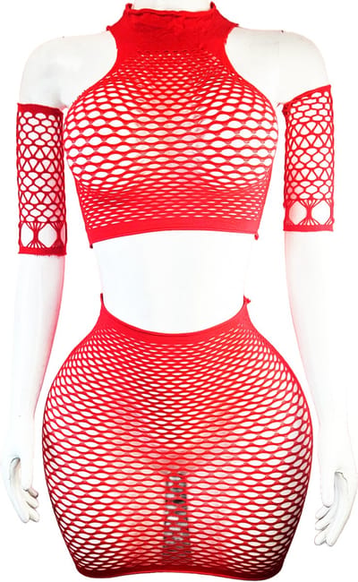 BamBella® - 2 delig set - Onesize - Erotische sexy nacht set rok met top handschoenen doorzichtig kant - Super Stretch Rood