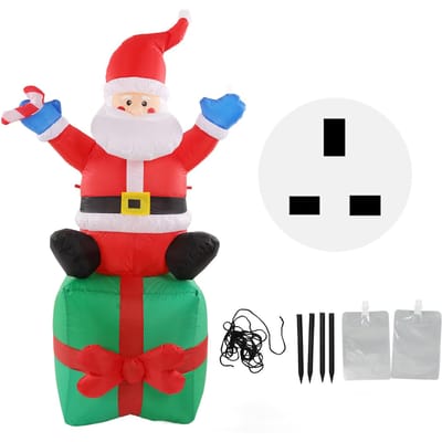 Père Noël gonflable de Noël de 180 cm/6 pieds, décoration d'extérieur éclairée par LED, Père Noël avec bâton assis dessus