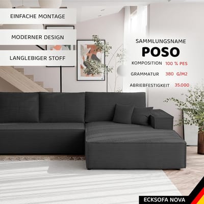 Hoekbank met slaapfunctie 294x185 cm – 3-zits L-vormige slaapbank met opbergruimte en bedfunctie 140x244 cm – Cord stof – Links – Poso 135 – Laura
