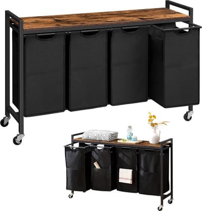 Luxe Wassoorteerder – 4 Vakken – Wasmand – Op Wieltjes – Met Deksel – Basket op Wielen – Duurzame Stof – Stabiel Frame – Zwart