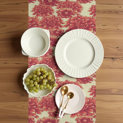 ABAKUHAUS Bloemtafelloper, Bloemblaadjes Dahlia, Eetkamer Keuken Rechthoekige decoratieve Tafelloper, 40 x 225 cm, Crème en Donker Koraal