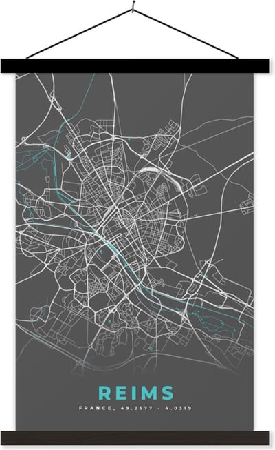 Posterhanger incl. Poster 40x60 cm - Schoolplaat - Frankrijk - Kaart - Stadskaart - Reims - Plattegrond - Textielposter - Zwarte latten - Stadskaart