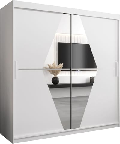 InspireMe - Kledingkast met 2 schuifdeuren, Modern-stijl, Een kledingkast met planken en een spiegel (BxHxD): 200x200x62 - BOLA 200 Wit Mat