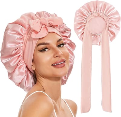 Verstelbare Satijnen Slaapmuts voor Lang Haar, Ademend en Rekbaar, Ideaal voor Krullend en Steil Haar met Strik - 36 cm
