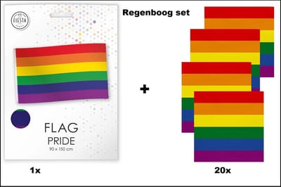 Regenboog vlag 90cm x 150cm + 20x Servetten regenboog 3 laags - Regenboog set - Rainbow thema feest Pride