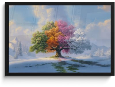 Poster in lijst - Fotolijst 60x40 cm - Posters - Boom - Seizoenen - Winter - Landschap - Posterlijst zwart - Decoratie - Wanddecoratie woonkamer - Muurdecoratie slaapkamer