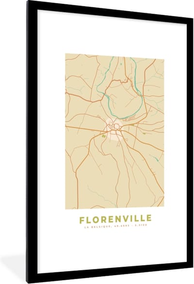 Fotolijst incl. Poster - Stadskaart - Florenville - Vintage - Kaart - Plattegrond - 80x120 cm - Posterlijst