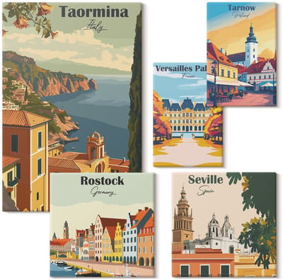 Wallfluent Set van canvas schilderijen - Landschappen van Europese steden met architectonische iconen Canvas Schilderijen Set - Set van 5 Canvas Schilderijen - Veelkleurig Set van Canvas Prints - Steden Canvas Kunst Set - Boheemse Canvas Kunst Set