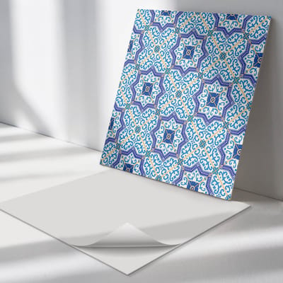 Wallfluent Vinyl Tegels - Patroon met Siermotieven Vinyl Wandtegels - 30 cm x 30 cm - Blauw PVC Tegels - Set van 9 - Vierkant PVC Tegels - Patroon Plaktegels - Wand PVC Tegels - Plaktegels Keuken en Badkamer