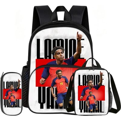 Leer, Reis Voetbalster Schooltas L-Lamin Yamal 3 Delige set met Voorvak Rugzak Lunchtas, Etui, Sport Rugzak