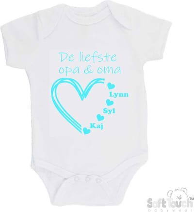 100% katoenen Romper "De liefste opa & oma met de namen van 3 kleinkinderen" Unisex Katoen Wit/aquablauw Maat 62/68