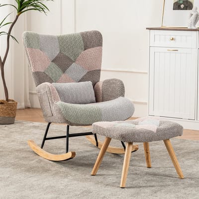 Comfortabele Kleurrijke Schommelstoel, 93 cm Hoog, Zitbreedte 43 cm - inclusief 1 voetsteun (49*38*37 cm) en 1 Lendenkussen, Stevig Rubberhouten Frame, Veelkleurig Design, Loungestoel
