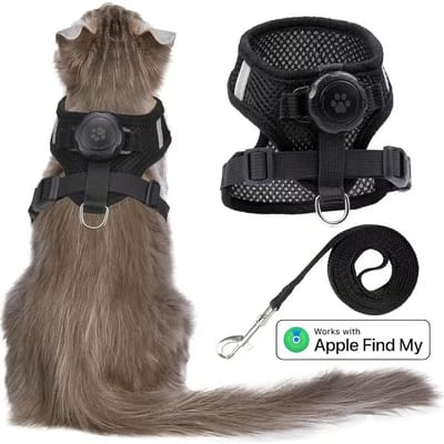 BlueTime - Kattenhalsband inclusief Tag - Tuigje Kat - Halsband Kat - Halsband Kitten - Kattenhalsband - Geschikt voor Apple Find My - Katten Halsband - Kattenriem - GPS Tracker Kat - Kattenharnas - GPS Kat - Maat S - Zwart