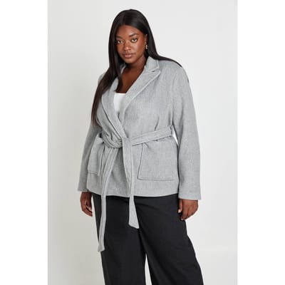 boohoo Dames Plus Jas Met Wolachtige Look En Strikceintuur | Grijze Mergel | Maat: 44