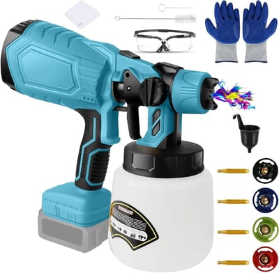 Draadloze Verfspuit met 1000 ml Tank, 4 Nozzles en Borstelloze Motor voor Muren en Meubels, 18V Accu, 100 ml/min Capaciteit