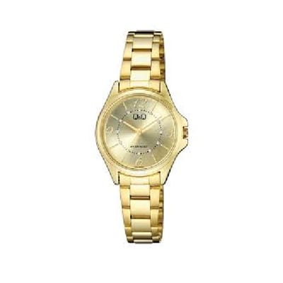 Q&Q-model q44a-005py-Dameshorloge-goudkleurig-kristal op wijzerplaat-3 atm waterdicht-diameter 30 mm