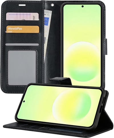 Hoesje - Met Pasjeshouder - Geschikt voor Samsung Galaxy A57 - Luxe Bookcase Portemonee - Flip Case - Kunstleer Book Case - Flipcase - Book Cover - Walletcase - Portemonneehoes - Telefoonhoesjes - Zwart