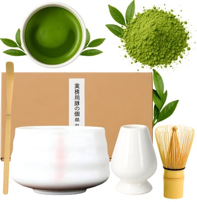 Matcha Thee Set – Wit / Roze – 4-delig – Kom, Klopper, Lepel & Houder – Handgemaakt van Bamboe & Keramiek