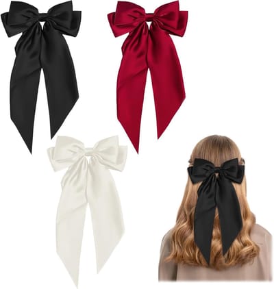 3 Stuks Haarspeld met Strik - Effen Kleur Franse Haarstrikken voor Vrouwen - Grote Haarspeld met Lange Riem - Zachte Satijnen Haaraccessoires