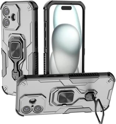 MobyDefend Hoesje - Geschikt voor iPhone 17 - Dubbelgelaagde Pantsercase Met Standaard - Zilvergrijs