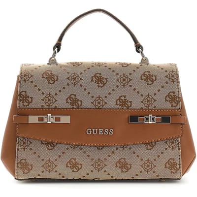 GUESS handtas schoudertas Melinda Logo Top Handle Bag Latte Logo Lichtbruin