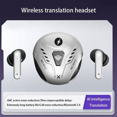 Voxis VoxorAI XH12 zilver AI Translator-hoofdtelefoon met realtime vertaalondersteuning voor 150 talen. Coole Bluetooth gaming-hoofdtelefoon voor