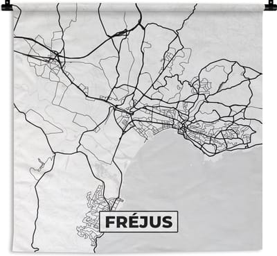 Wandkleed - Wanddoek - Stadskaart - Fréjus- Frankrijk - Kaart - Plattegrond - Zwart wit - 180x180 cm - Wandtapijt