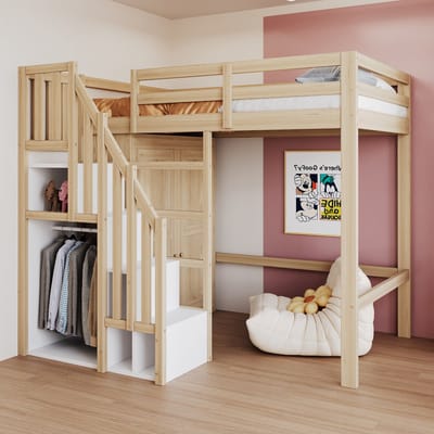 MODFU Luxe Hoogslaper met Kledingkast & Opbergtrap (90x200) - Ruimtebesparend Loftbed - Massief Hout - Naturel