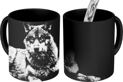 Magische Mok - Foto op Warmte Mokken - Koffiemok - Wilde dieren - Wolf - Zwart - Wit - Magic Mok - Beker - 350 ML - Theemok