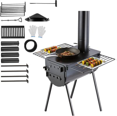 118” Houtkachel Van Gelegeerd Staal, Draagbare Campingtentkachel Met Schoorsteenpijpen En Handschoenen, 3000 In³ Vuurkorf Om Buiten Te Koken En Te Verwarmen, Incl. 8 Pijpen
