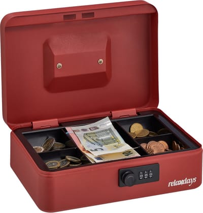 geldkistje - 3-cijferige cijfercode - 8,5 x 25 x 19 cm - staal - munten en briefjes - rood