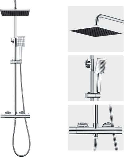 Auralum max Regendouche - Ø 25.4 cm Douchekop - Doucheset - Waterbesparend - Inclusief thermostaatkraan - Verstelbare Hoogte 88-125 cm - Chroom
