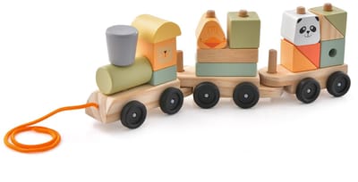 COSTWAY 3-delige houten spoorwegset, kinderen houten trein, stapelbaar met bouwstenen en kleurrijke dierfiguren, bouwsteentrekker, locomotieven, pedagogisch voor jongens en meisjes vanaf 3 jaar